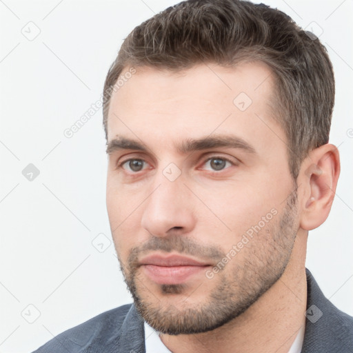 Neutral white young-adult male with short  brown hair and brown eyes