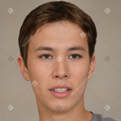 Neutral white young-adult male with short  brown hair and brown eyes