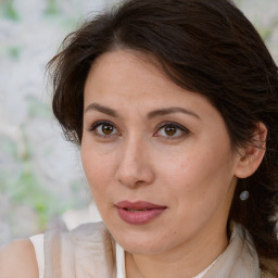 Joyful white adult female with medium  brown hair and brown eyes