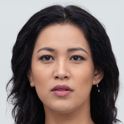 Neutral asian young-adult female with long  black hair and brown eyes