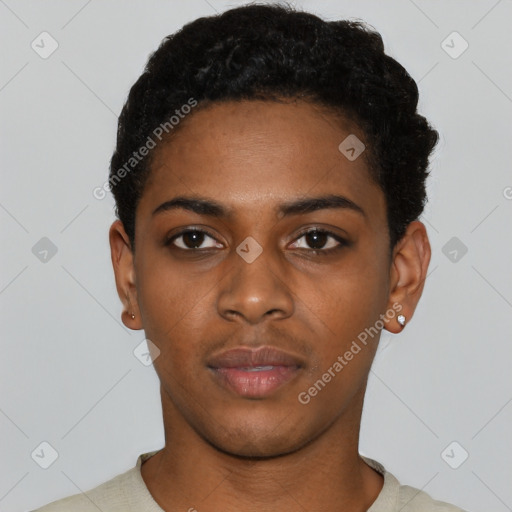 Neutral black young-adult female with short  black hair and brown eyes