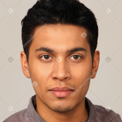 Neutral latino young-adult male with short  black hair and brown eyes