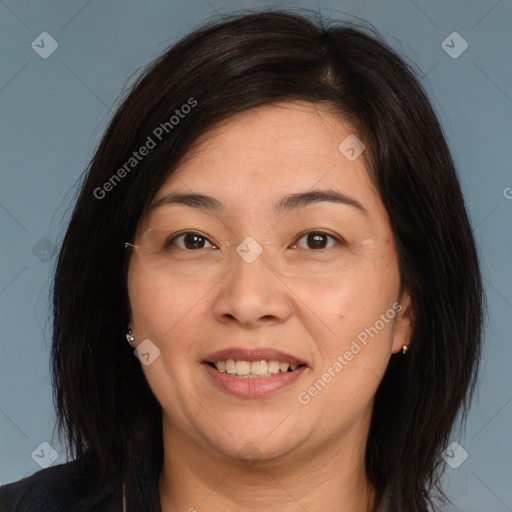 Joyful white adult female with medium  brown hair and brown eyes