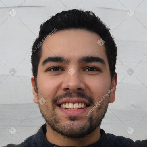 Joyful white young-adult male with short  black hair and brown eyes