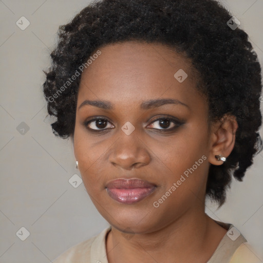 Joyful black young-adult female with medium  black hair and brown eyes