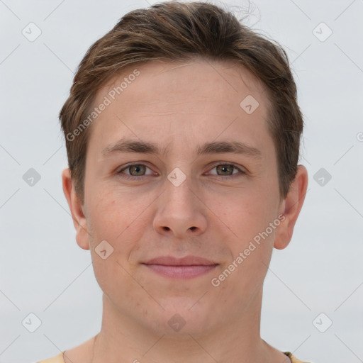 Joyful white young-adult female with short  brown hair and grey eyes