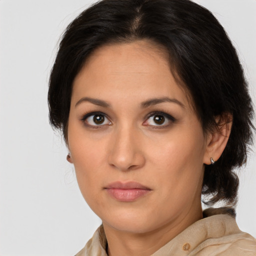 Neutral white young-adult female with medium  brown hair and brown eyes