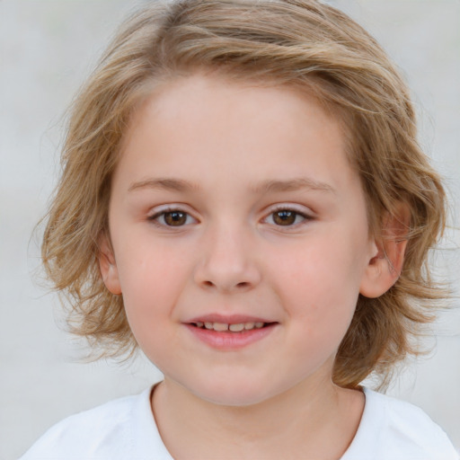 Joyful white child female with medium  brown hair and blue eyes