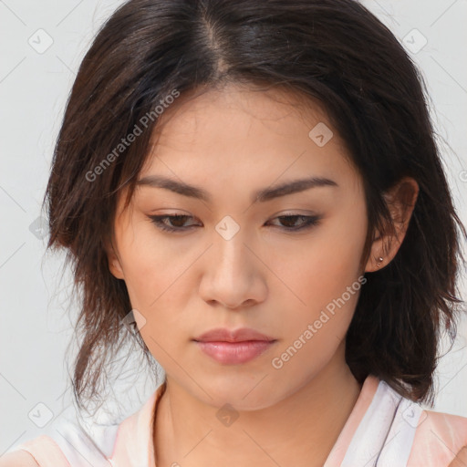 Neutral asian young-adult female with medium  brown hair and brown eyes