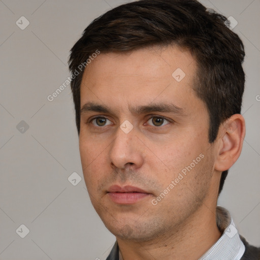 Neutral white young-adult male with short  brown hair and brown eyes