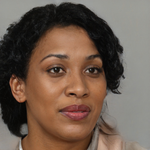 Joyful black adult female with medium  brown hair and brown eyes