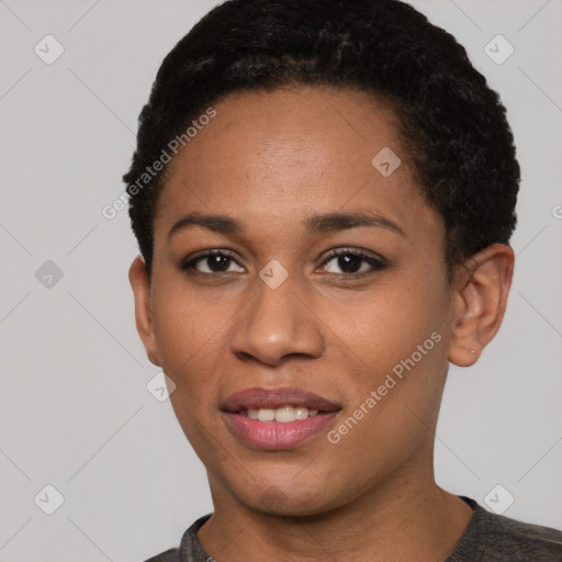 Joyful latino young-adult female with short  black hair and brown eyes