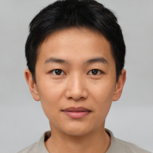 Joyful asian young-adult male with short  black hair and brown eyes