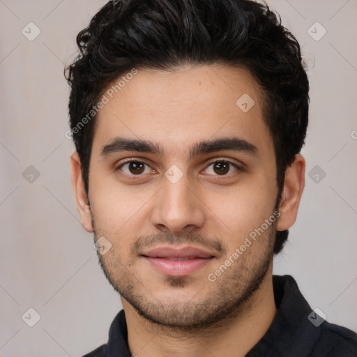 Neutral white young-adult male with short  black hair and brown eyes