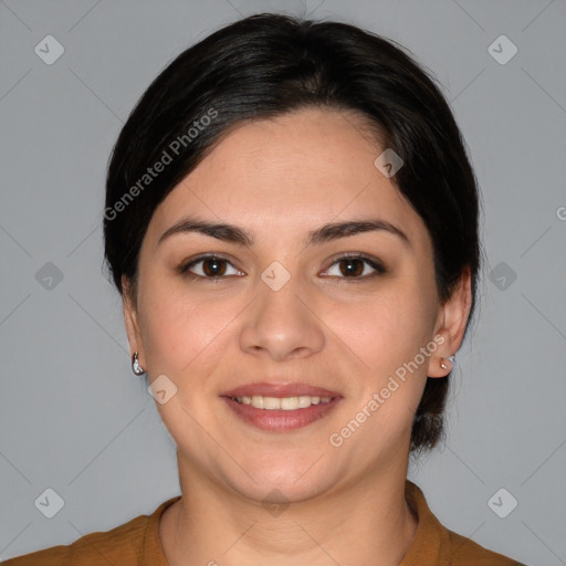 Joyful white young-adult female with medium  brown hair and brown eyes