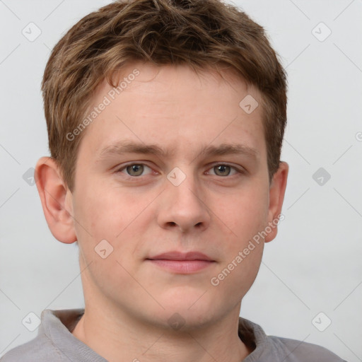 Neutral white young-adult male with short  brown hair and grey eyes