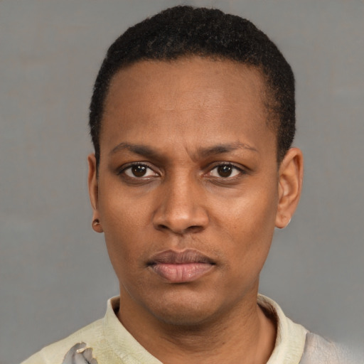 Neutral black young-adult female with short  black hair and brown eyes
