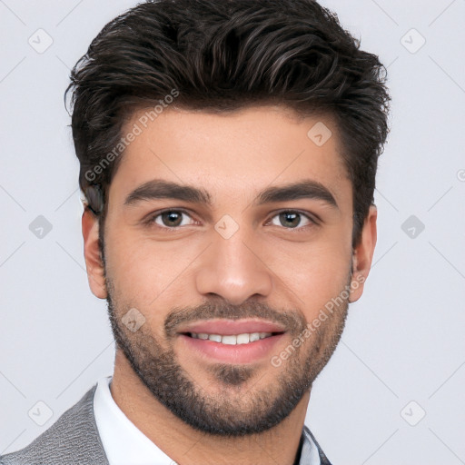 Joyful white young-adult male with short  black hair and brown eyes