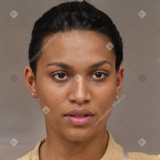 Joyful black young-adult female with short  brown hair and brown eyes