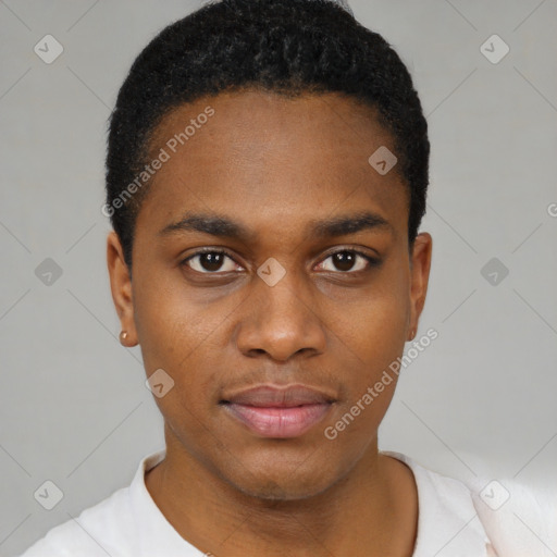 Joyful black young-adult male with short  black hair and brown eyes