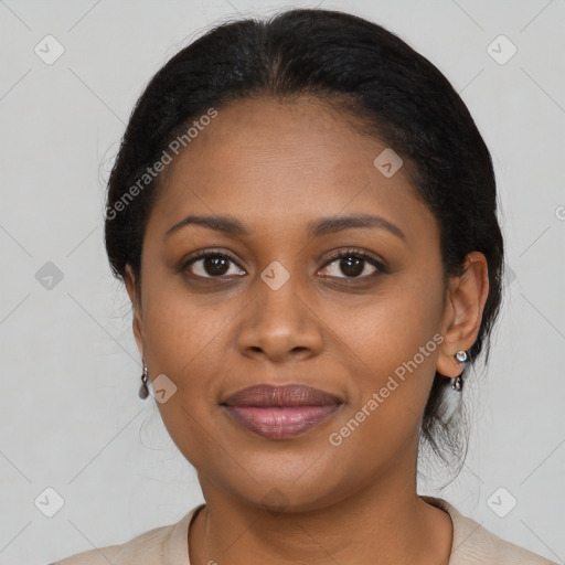 Joyful black young-adult female with medium  brown hair and brown eyes