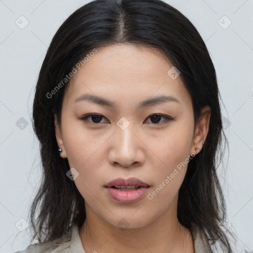 Neutral asian young-adult female with medium  brown hair and brown eyes