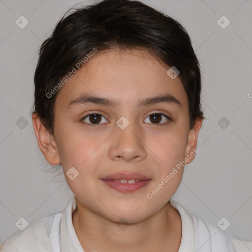 Joyful white child female with medium  brown hair and brown eyes