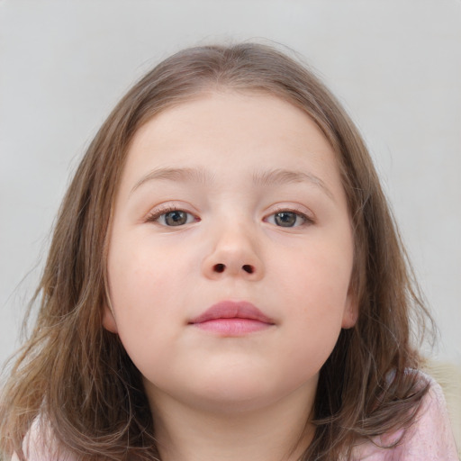 Neutral white child female with medium  brown hair and blue eyes