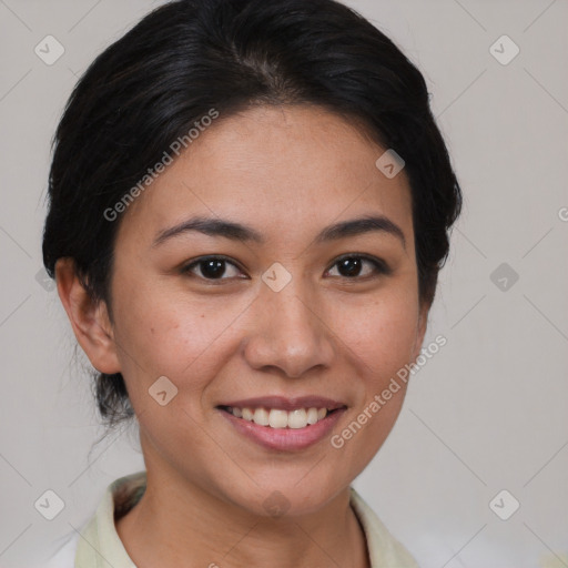 Joyful asian young-adult female with short  brown hair and brown eyes