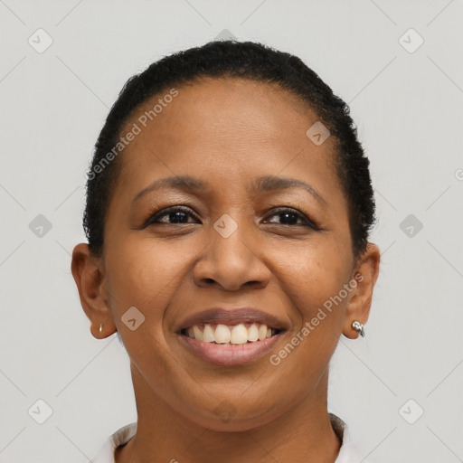 Joyful black young-adult female with short  brown hair and brown eyes