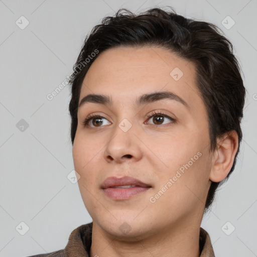 Joyful white young-adult female with short  brown hair and brown eyes