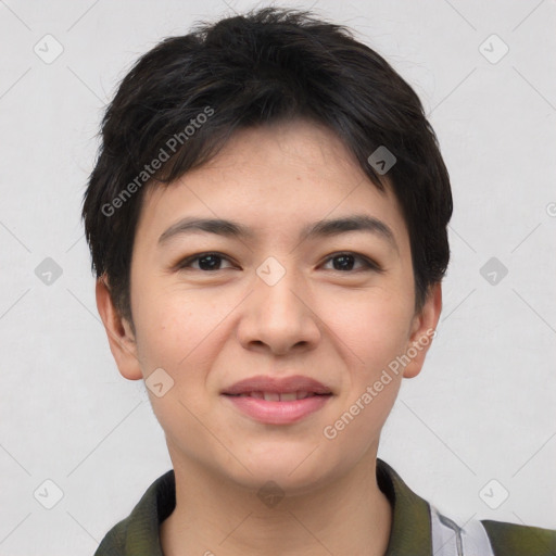 Joyful asian young-adult female with short  brown hair and brown eyes