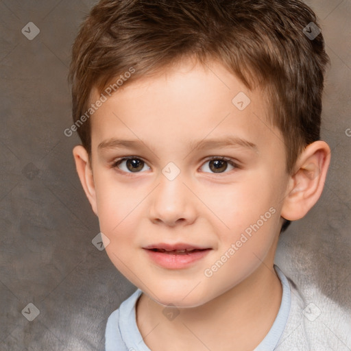 Joyful white child male with short  brown hair and brown eyes