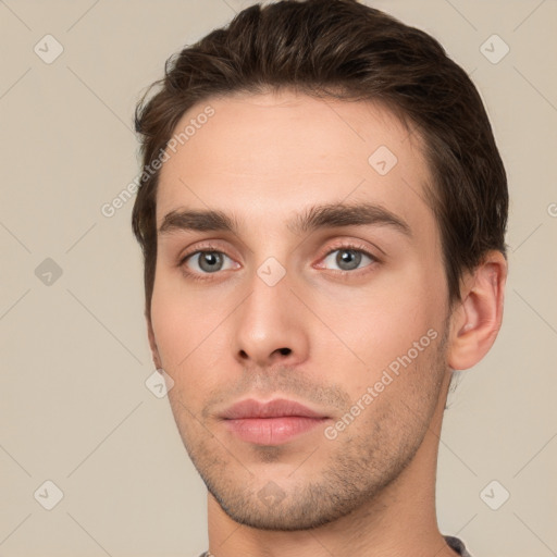 Neutral white young-adult male with short  brown hair and brown eyes