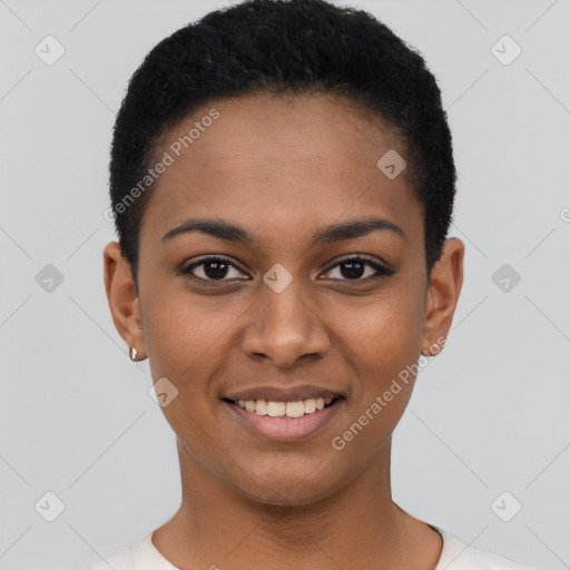 Joyful latino young-adult female with short  black hair and brown eyes