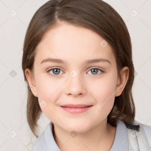 Joyful white child female with medium  brown hair and brown eyes