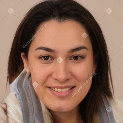 Joyful white young-adult female with medium  brown hair and brown eyes