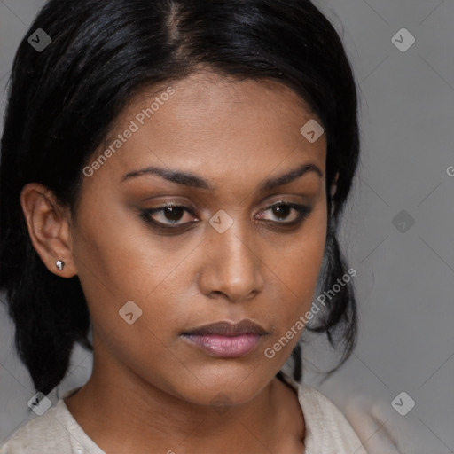 Neutral black young-adult female with medium  brown hair and brown eyes