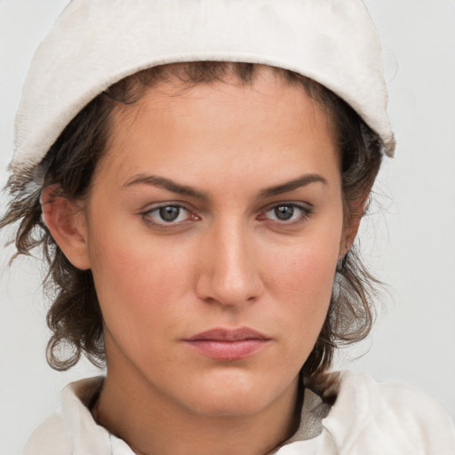 Neutral white young-adult female with medium  brown hair and brown eyes