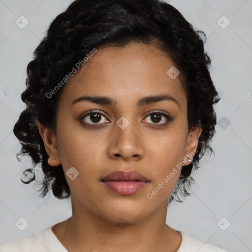 Neutral latino young-adult female with medium  black hair and brown eyes