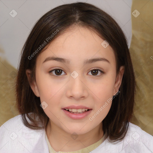 Joyful white child female with medium  brown hair and brown eyes