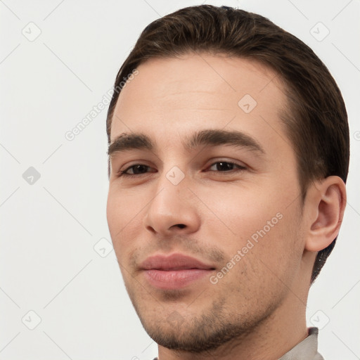 Joyful white young-adult male with short  brown hair and brown eyes