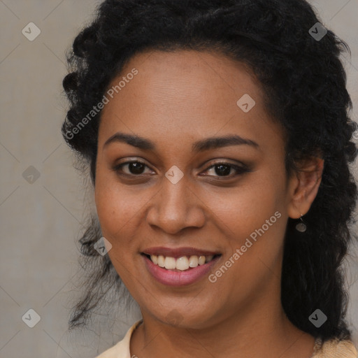 Joyful black young-adult female with long  brown hair and brown eyes