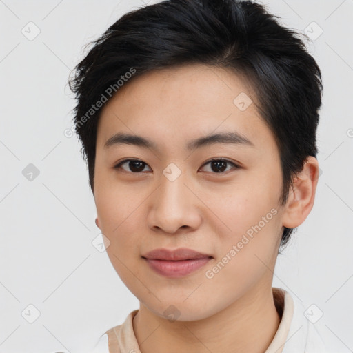 Joyful asian young-adult female with short  brown hair and brown eyes