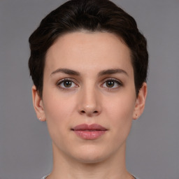 Neutral white young-adult female with short  brown hair and brown eyes