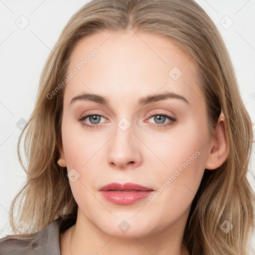 Neutral white young-adult female with long  brown hair and grey eyes