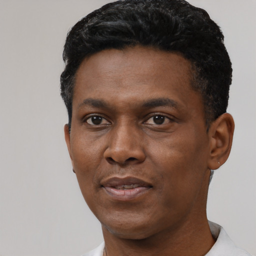 Joyful black young-adult male with short  black hair and brown eyes