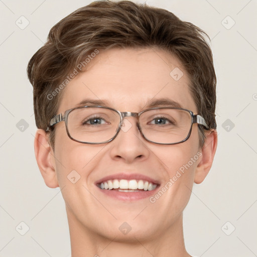 Joyful white adult male with short  brown hair and grey eyes