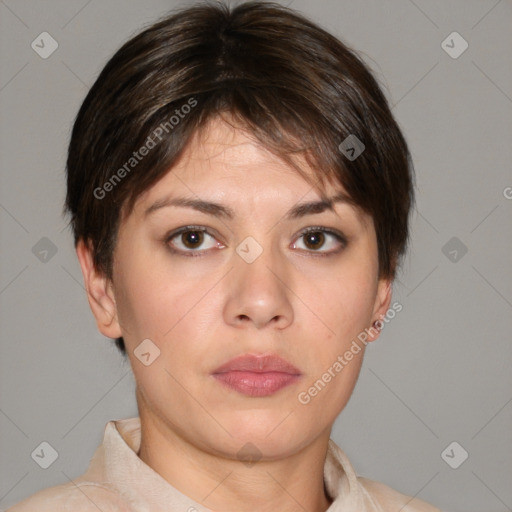 Neutral white young-adult female with short  brown hair and brown eyes