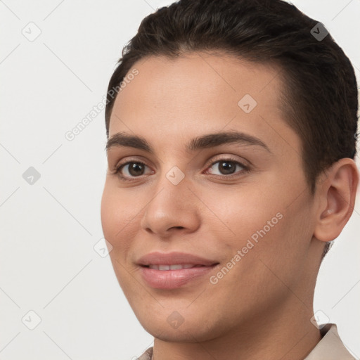 Joyful white young-adult female with short  brown hair and brown eyes